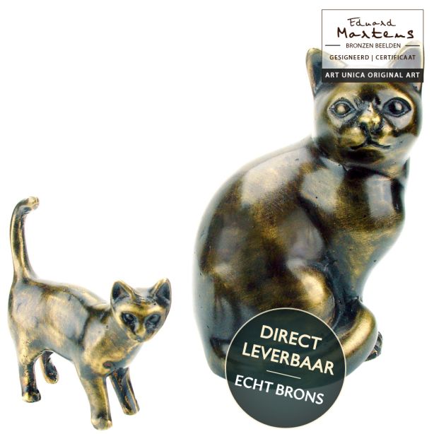 Bronzen beeldjes Poes en Poesje Poezen set 